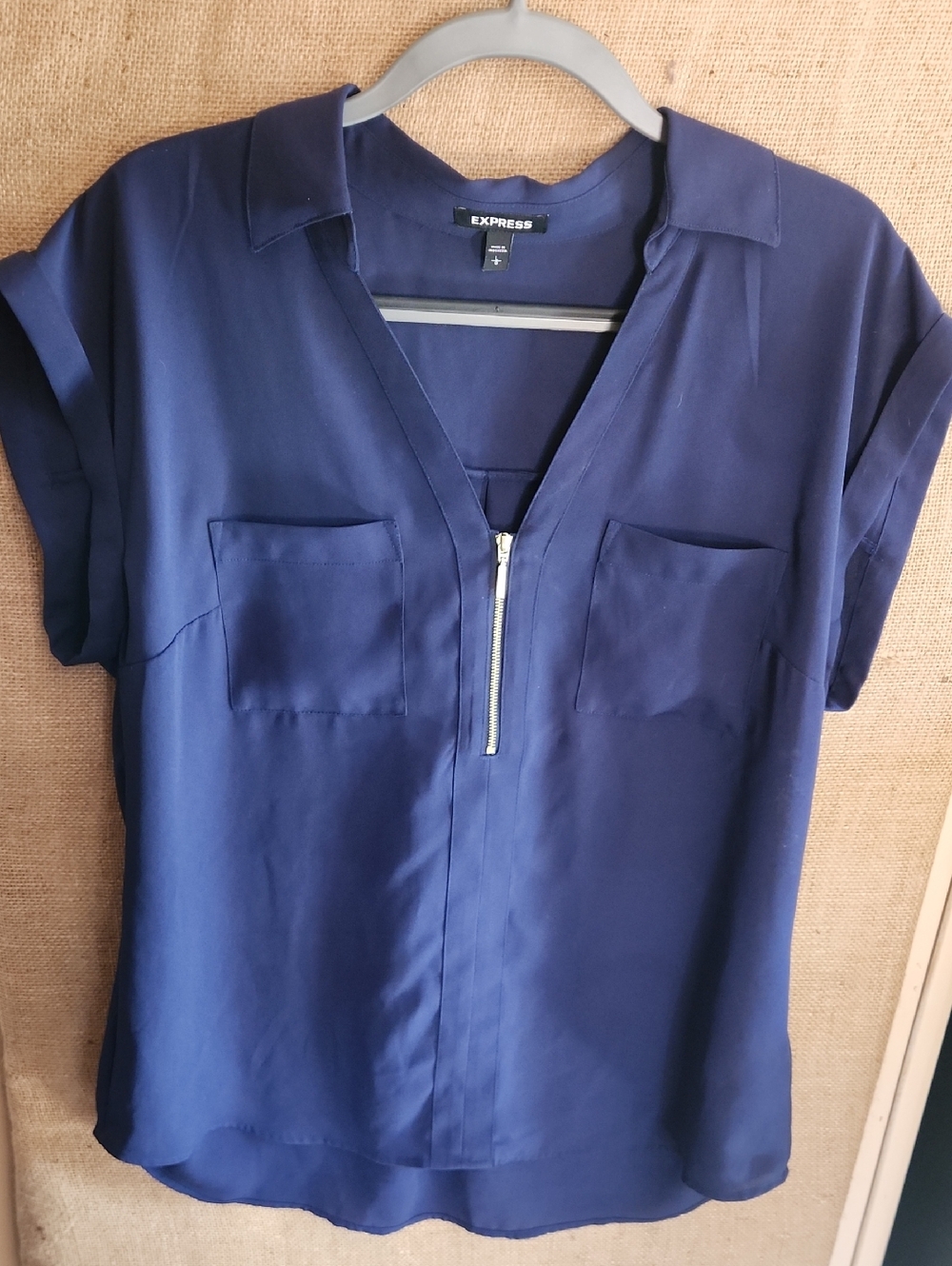 Express Women's Navy Zip-Front Short Sleeve Blouse